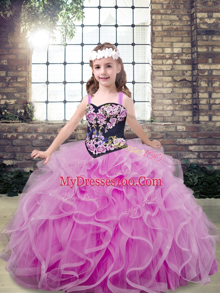 Beautiful Straps Sleeveless Tulle Kids Pageant Dress Embroidery and Ruffles Lace Up