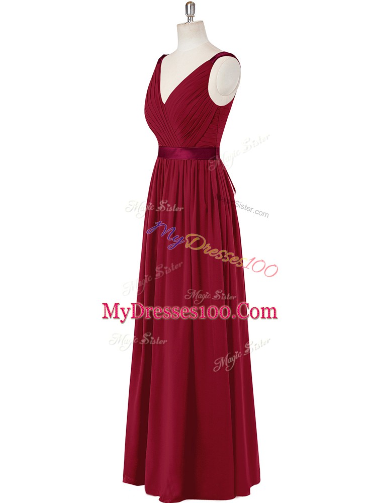 Spectacular Wine Red Zipper Prom Evening Gown Ruching and Belt Sleeveless Floor Length