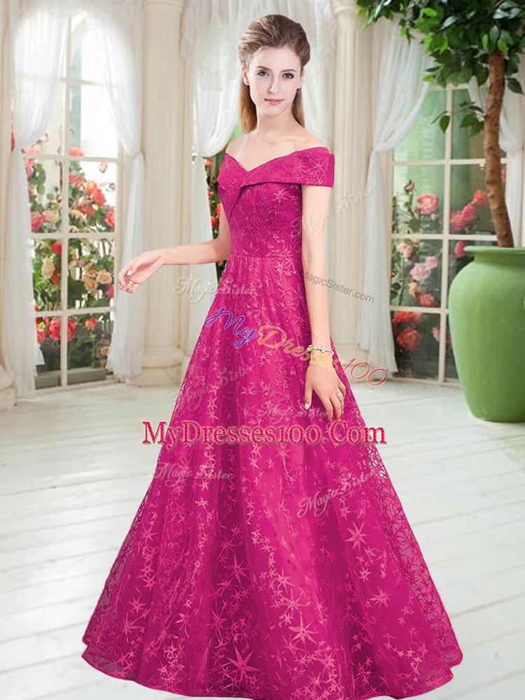 Custom Designed Floor Length Lace Up Prom Dress Fuchsia for Prom and Party with Beading