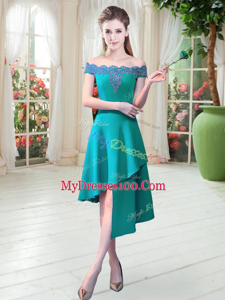 Asymmetrical Teal Evening Dress Satin Sleeveless Appliques