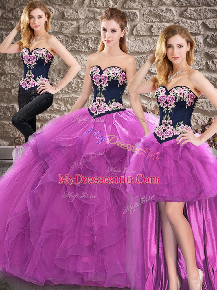 Purple Tulle Lace Up Quinceanera Gown Sleeveless Floor Length Beading and Embroidery