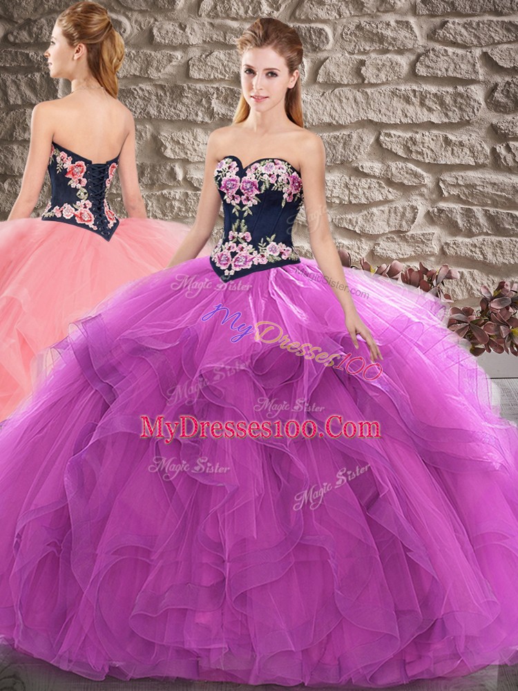 Purple Tulle Lace Up Quinceanera Gown Sleeveless Floor Length Beading and Embroidery