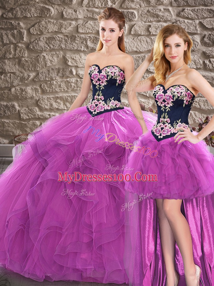 Purple Tulle Lace Up Quinceanera Gown Sleeveless Floor Length Beading and Embroidery