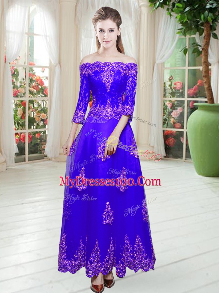 Purple Prom and Party with Lace Off The Shoulder 3 4 Length Sleeve Lace Up