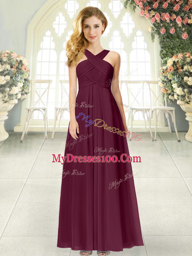 Beauteous Burgundy Chiffon Zipper Straps Sleeveless Floor Length Homecoming Dress Ruching