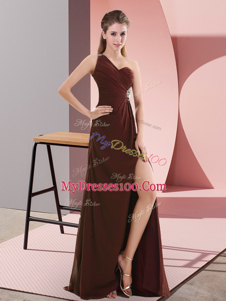 Pretty Burgundy Empire One Shoulder Sleeveless Chiffon Sweep Train Backless Beading and Ruching Prom Party Dress