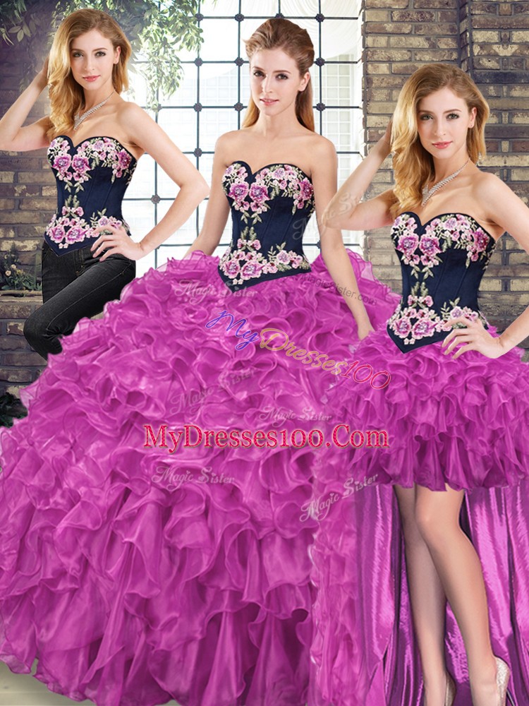 Perfect Fuchsia Organza Lace Up Sweetheart Sleeveless Sweet 16 Dress Sweep Train Embroidery and Ruffles