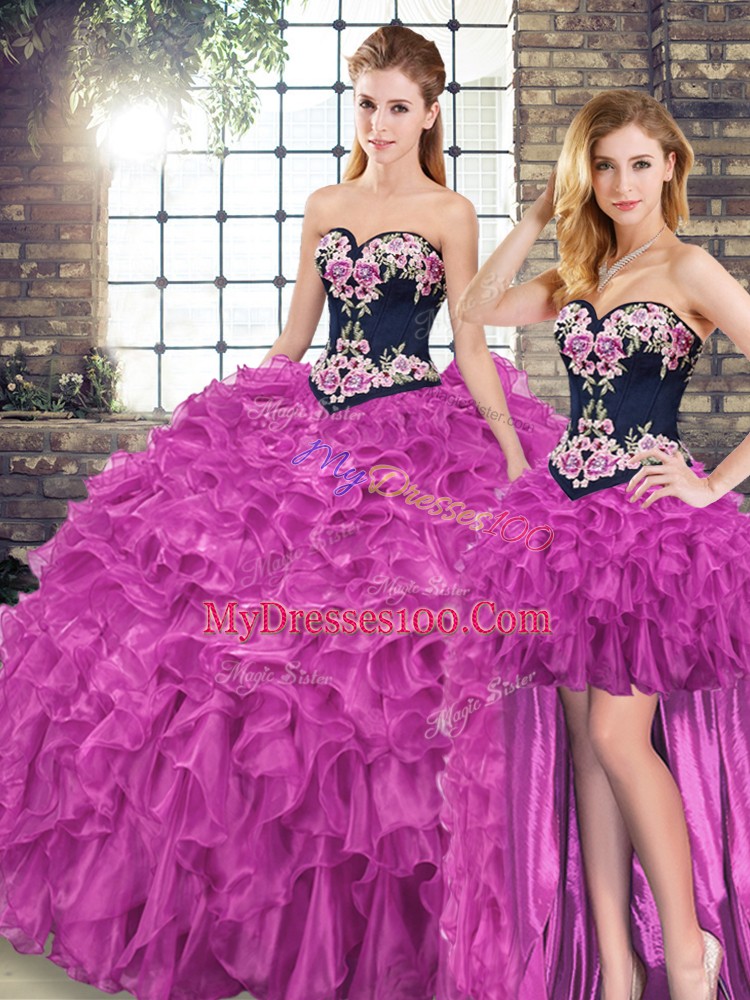 Perfect Fuchsia Organza Lace Up Sweetheart Sleeveless Sweet 16 Dress Sweep Train Embroidery and Ruffles