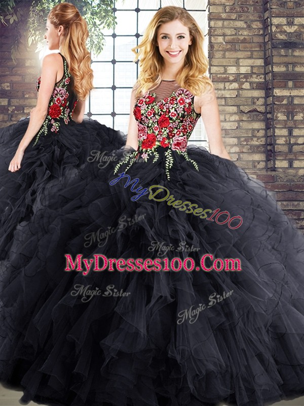 Black Sleeveless Floor Length Embroidery and Ruffles Zipper Quince Ball Gowns