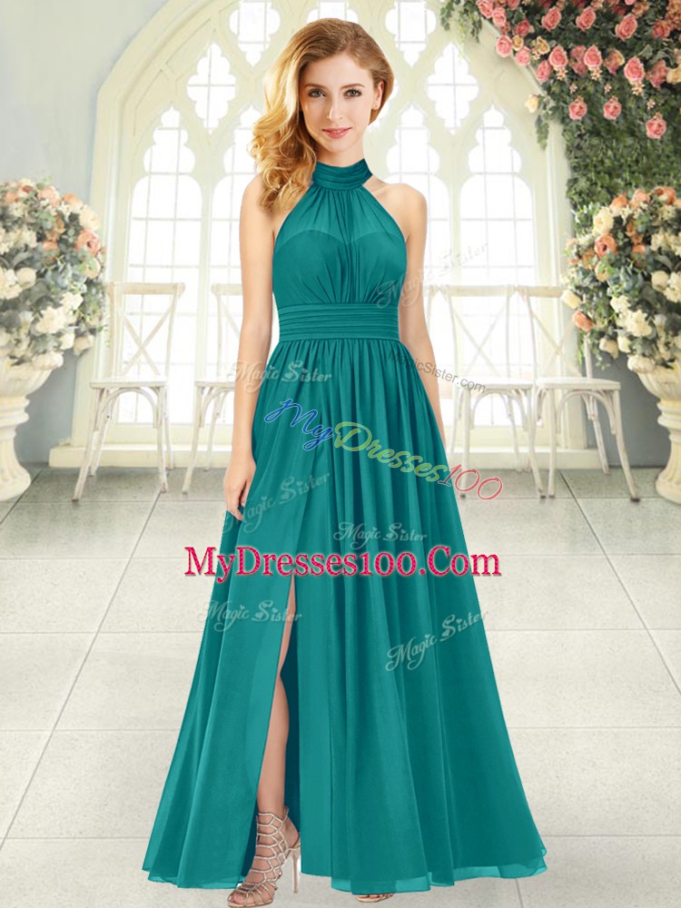 Chiffon Halter Top Sleeveless Zipper Ruching Prom Dresses in Teal