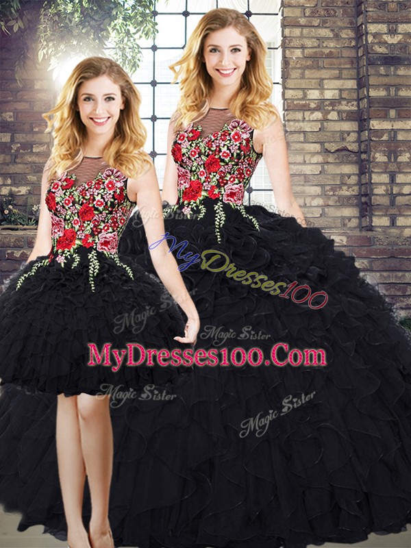 Floor Length Zipper Ball Gown Prom Dress Black for Military Ball and Sweet 16 with Embroidery and Ruffles