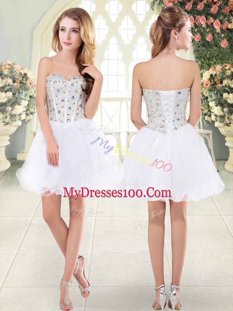 Attractive White Tulle Lace Up Prom Evening Gown Sleeveless Mini Length Beading