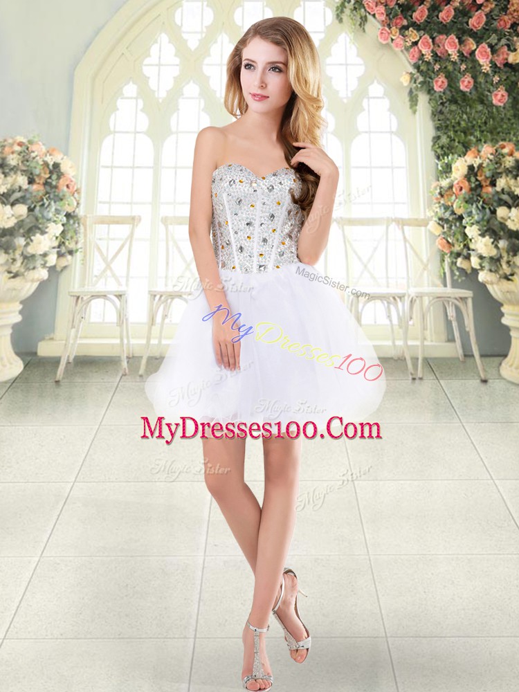 Attractive White Tulle Lace Up Prom Evening Gown Sleeveless Mini Length Beading