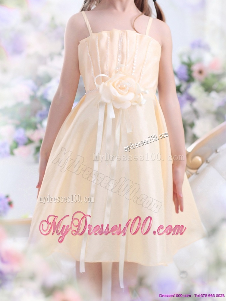 Champagne Spaghetti Straps Flower Girl Dress with Waistband and Hand Made Flower