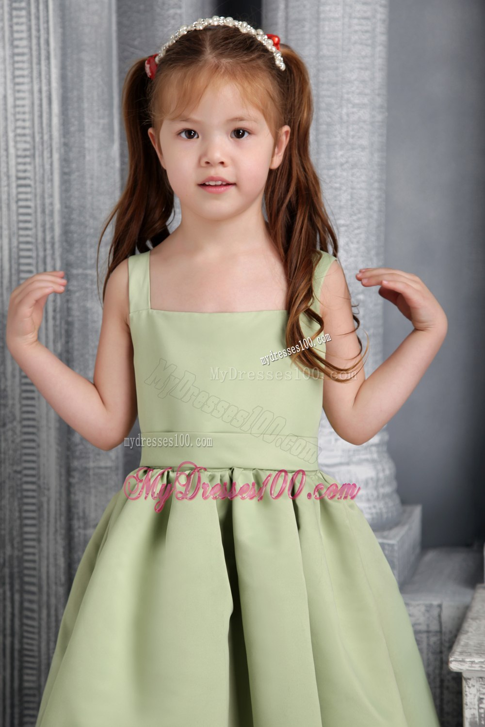 Olive Green A-line Straps Tea-length Satin Belt and Bowknot Little Girl Dress