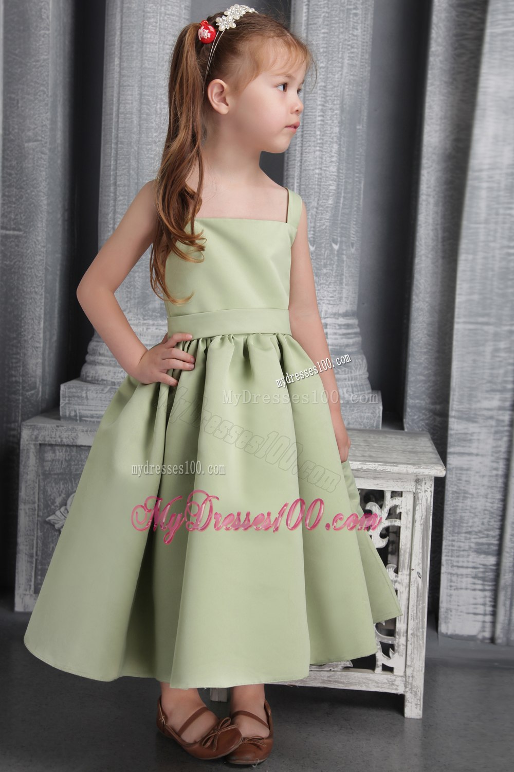 Olive Green A-line Straps Tea-length Satin Belt and Bowknot Little Girl Dress