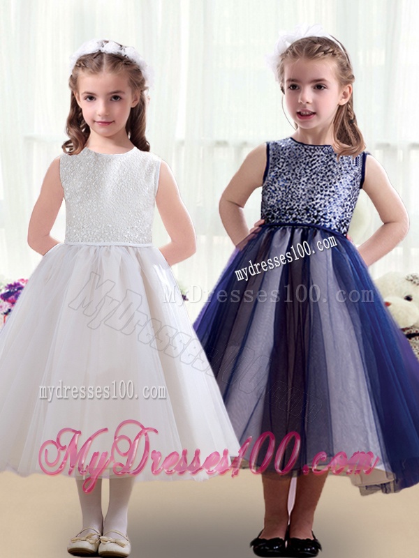 Sweet Scoop Ruching Tea Length Flower Girl Dresses