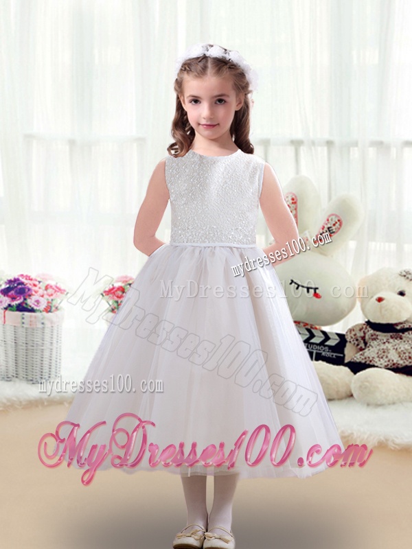 Sweet Scoop Ruching Tea Length Flower Girl Dresses