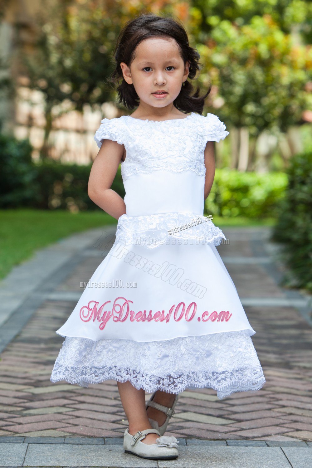 White A-line Scoop Ankle-length Taffeta and Lace Flower Girl Dress