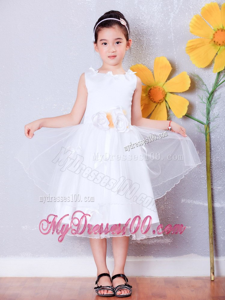 White Scoop Tea-length Organza Hand Made Flowers Baby Girl Dresses