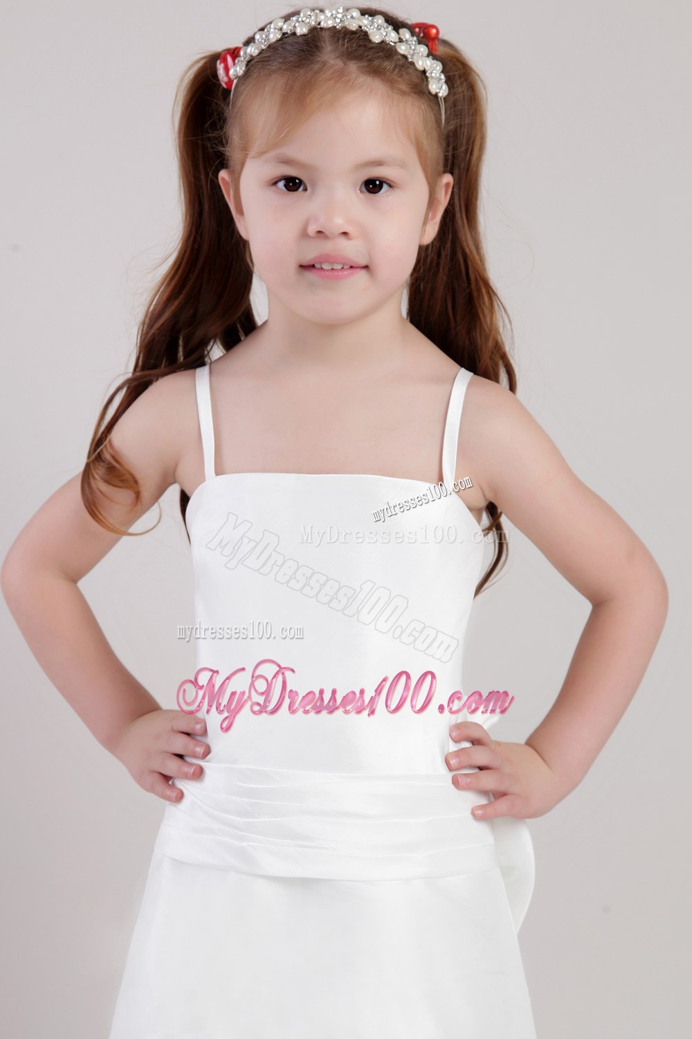 White Column Straps Ankle-length Satin Bowknot Little Girl Dress