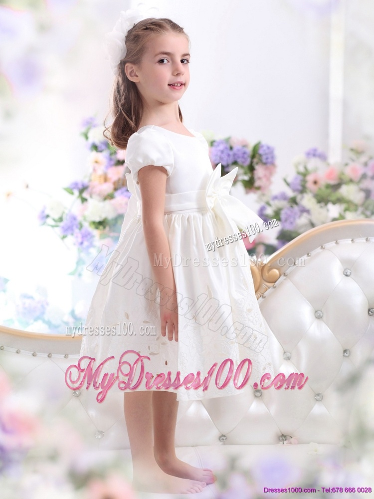 White Scoop 2016 Flower Girl Dress with Bowknot and Cap Sleeves