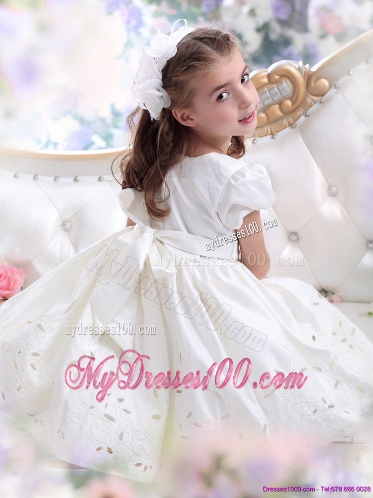 White Scoop 2016 Flower Girl Dress with Bowknot and Cap Sleeves