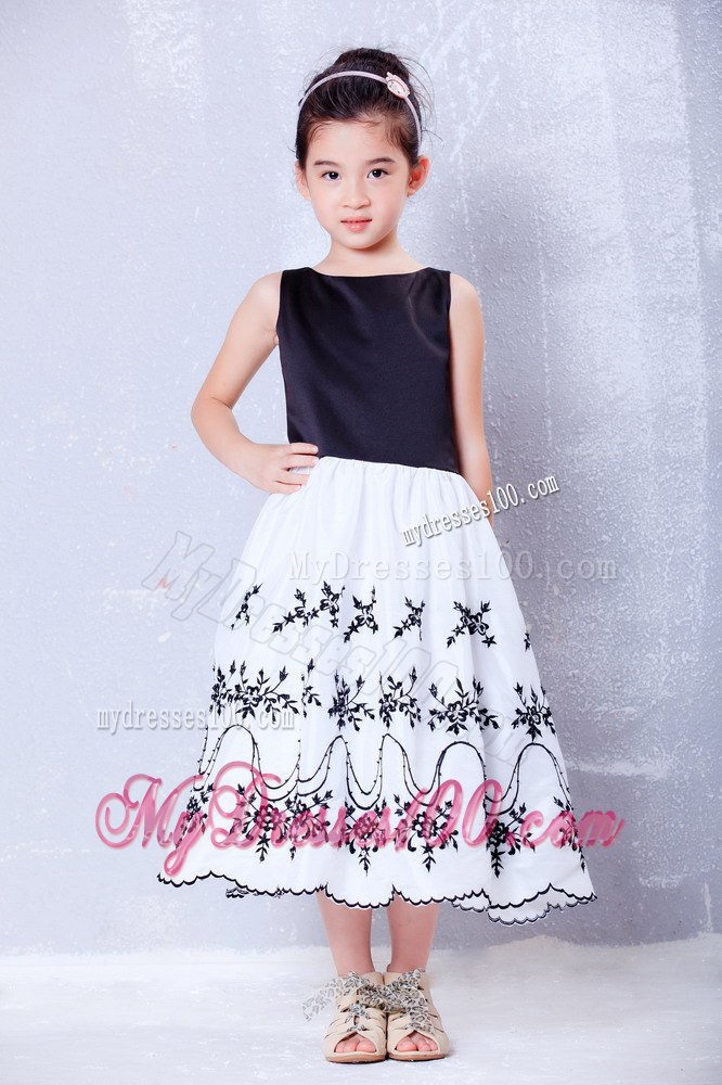 White and Black A-line Scoop Tea-length Taffeta and Organza Embroidery Flower Girl Dress