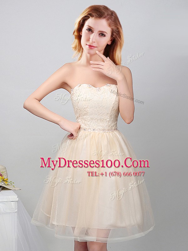 Free and Easy Off the Shoulder Mini Length Champagne Bridesmaid Dress Tulle Sleeveless Lace and Appliques and Belt