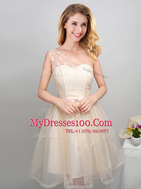 Free and Easy Off the Shoulder Mini Length Champagne Bridesmaid Dress Tulle Sleeveless Lace and Appliques and Belt