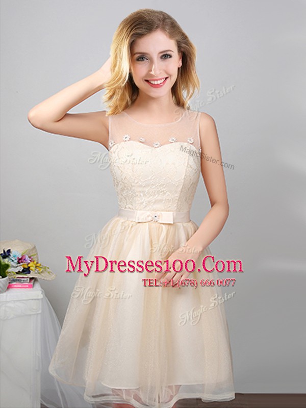 Free and Easy Off the Shoulder Mini Length Champagne Bridesmaid Dress Tulle Sleeveless Lace and Appliques and Belt