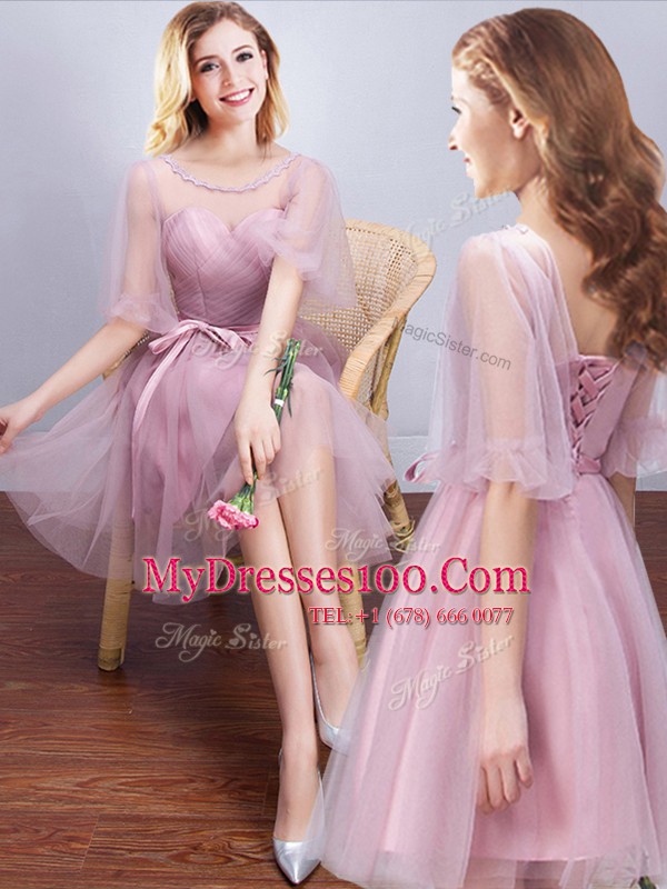 Scoop Sleeveless Tulle Bridesmaids Dress Ruffles and Ruching and Bowknot and Hand Made Flower Lace Up