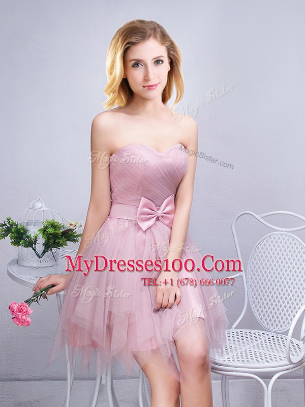 Scoop Sleeveless Tulle Bridesmaids Dress Ruffles and Ruching and Bowknot and Hand Made Flower Lace Up