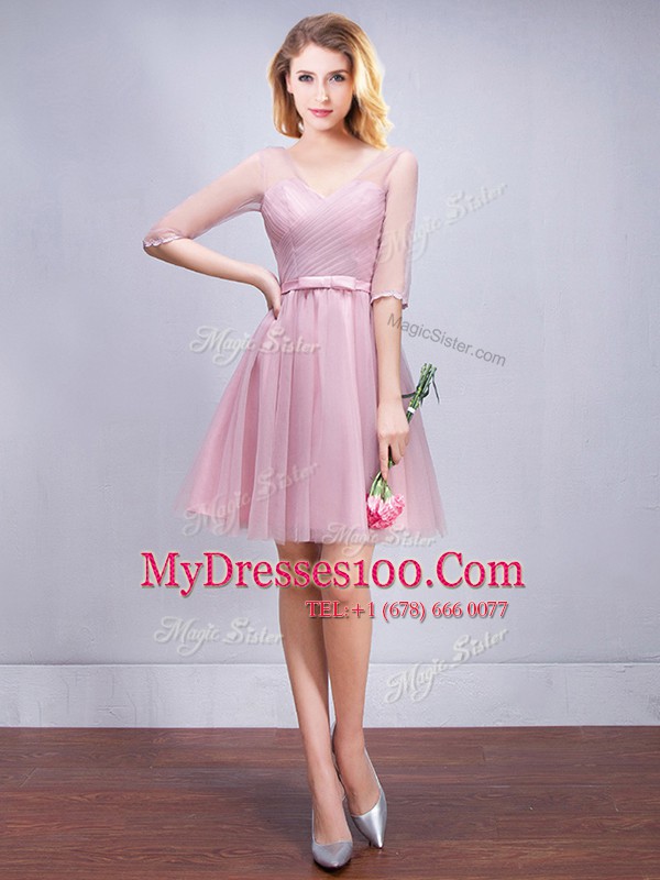 Scoop Sleeveless Tulle Bridesmaids Dress Ruffles and Ruching and Bowknot and Hand Made Flower Lace Up