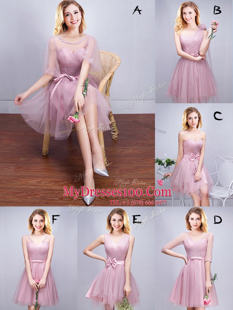 Pink Sleeveless Mini Length Ruching and Bowknot Lace Up Quinceanera Court Dresses