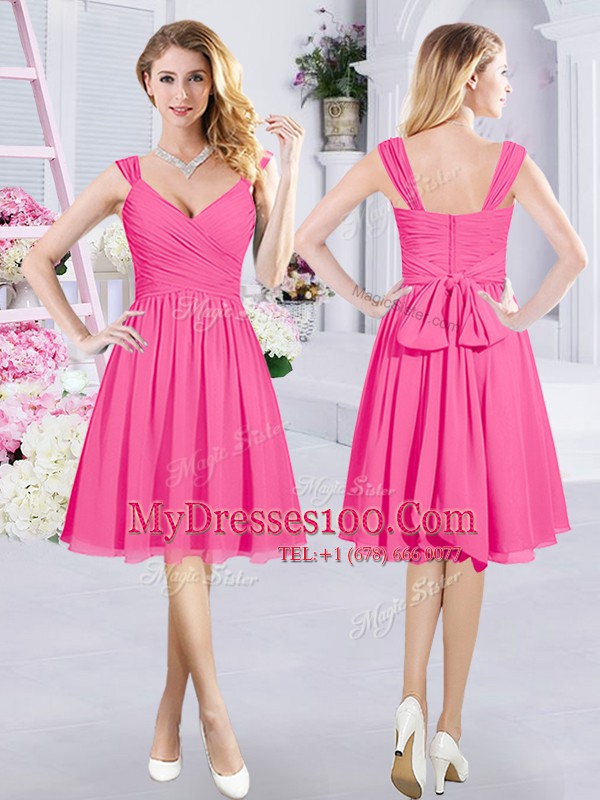 Hot Pink Sleeveless Ruching and Belt Knee Length Damas Dress