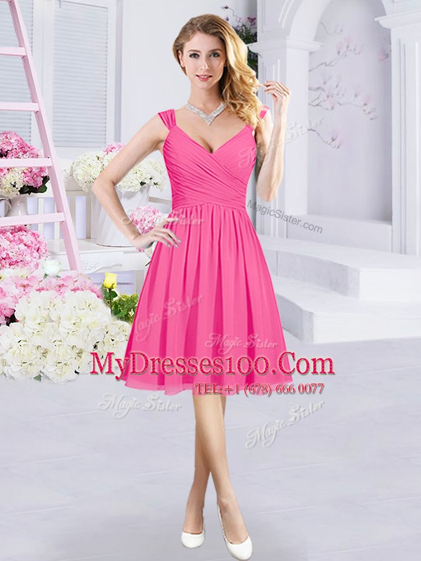 Hot Pink Sleeveless Ruching and Belt Knee Length Damas Dress