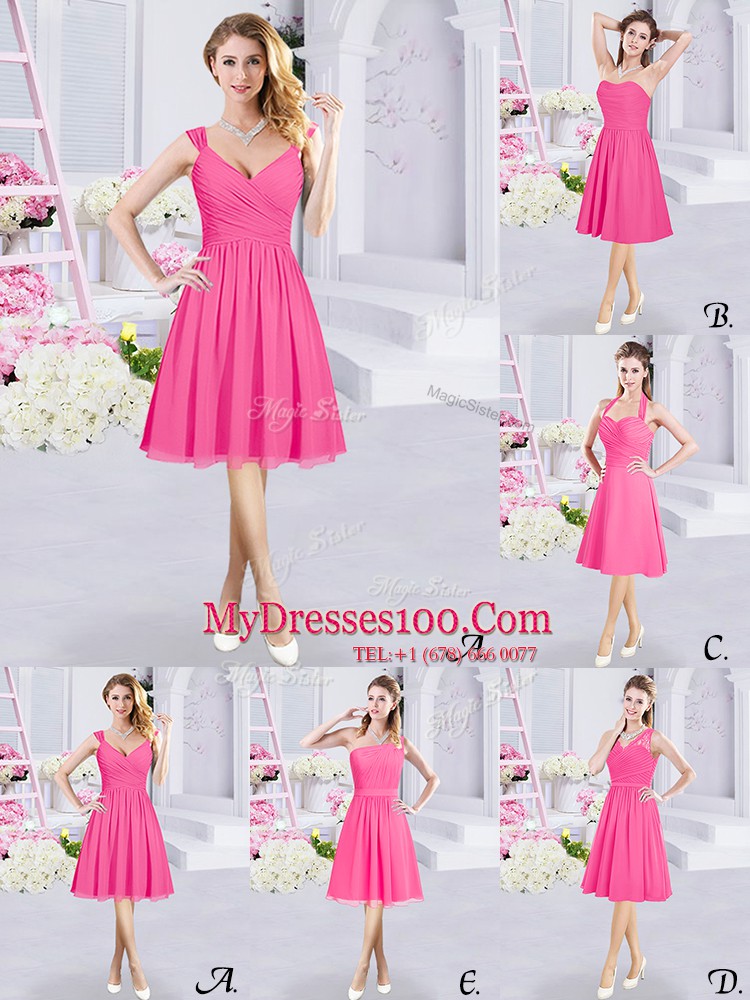 Hot Pink Sleeveless Ruching and Belt Knee Length Damas Dress