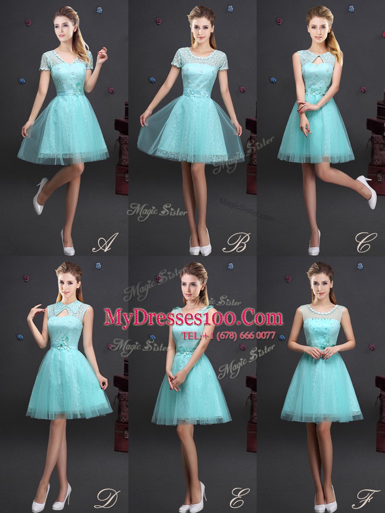 Scoop Aqua Blue Sleeveless Mini Length Beading and Lace and Appliques and Belt Lace Up Dama Dress for Quinceanera