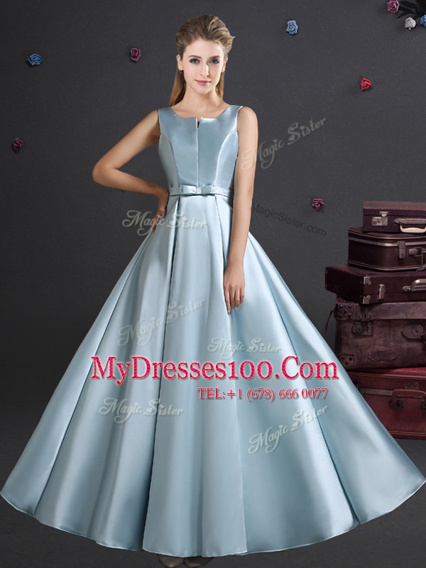 Free and Easy Straps Elastic Woven Satin Sleeveless Floor Length Court Dresses for Sweet 16 and Bowknot