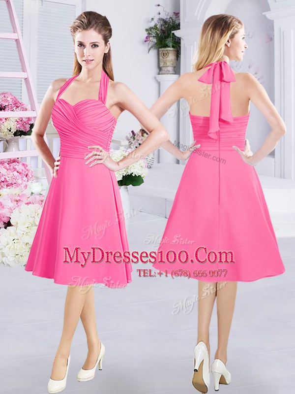 Halter Top Sleeveless Chiffon Knee Length Zipper Bridesmaid Gown in Hot Pink with Ruching