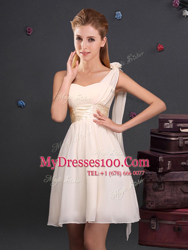 One Shoulder Sleeveless Zipper Mini Length Ruching and Hand Made Flower Quinceanera Dama Dress