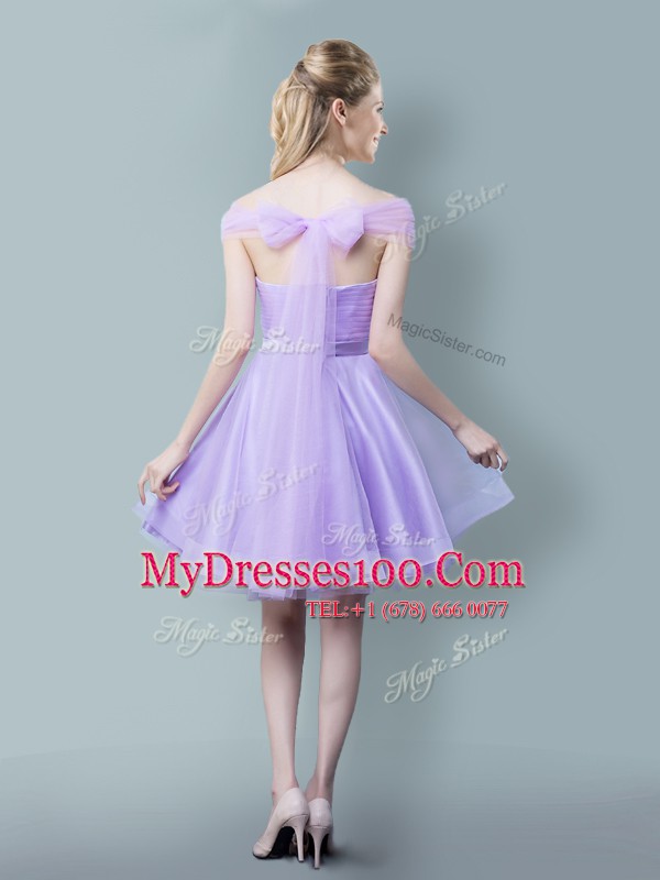 Top Selling Straps Ruching and Bowknot Wedding Party Dress Lavender Zipper Cap Sleeves Knee Length