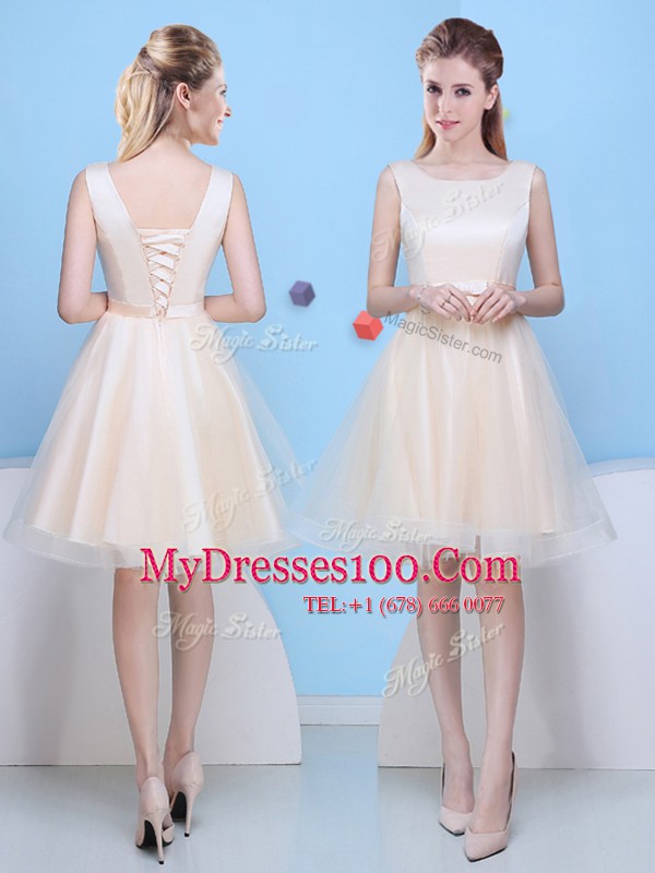 Custom Designed Champagne Tulle Lace Up Scoop Sleeveless Knee Length Wedding Guest Dresses Bowknot