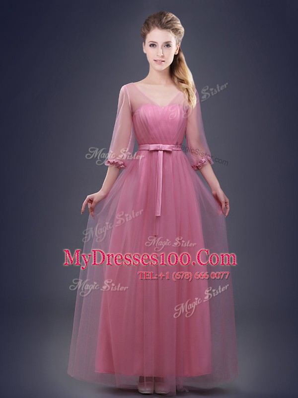 Shining Half Sleeves Tulle Floor Length Lace Up Bridesmaid Gown in Pink with Ruching and Bowknot