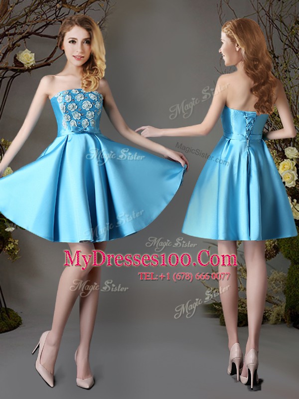 Mini Length Baby Blue Vestidos de Damas Satin Sleeveless Appliques and Bowknot