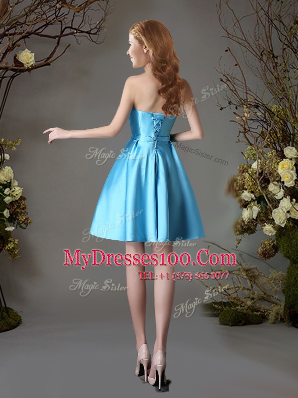 Mini Length Baby Blue Vestidos de Damas Satin Sleeveless Appliques and Bowknot