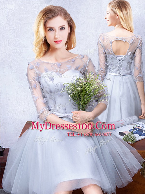 High End Scoop Sleeveless Lace and Appliques and Belt Lace Up Bridesmaid Dresses