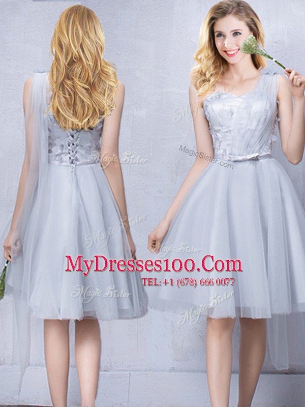 High End Scoop Sleeveless Lace and Appliques and Belt Lace Up Bridesmaid Dresses