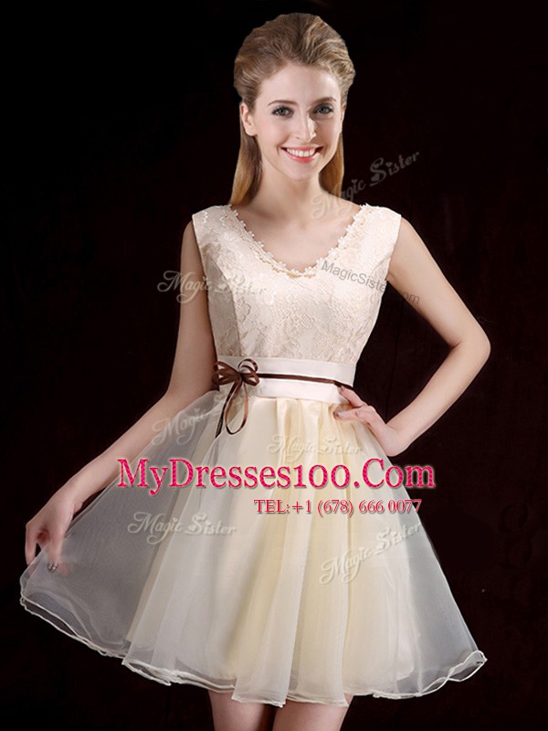 Great Champagne Lace Up V-neck Lace and Appliques and Belt Quinceanera Dama Dress Organza Sleeveless